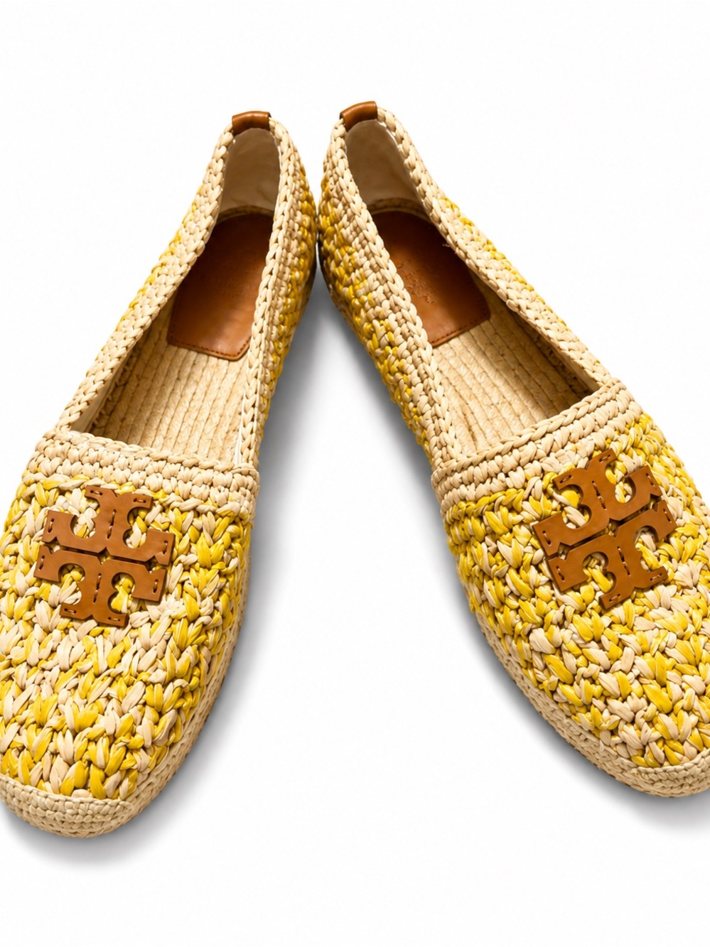 Tory Burch Yellow and Natural Braided Raffia Logo Flats